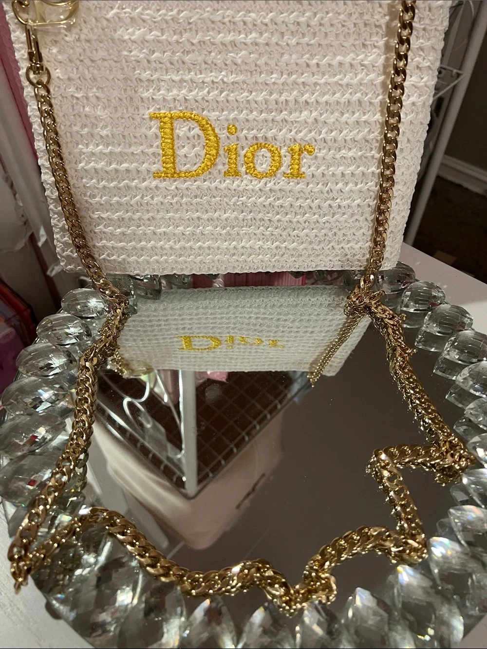 Dior Woven Pouch w-Logo and Gold Chain Attached